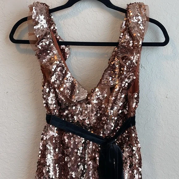 NWT Free People Tribeca Sequin Ruffle Brown Dress Velvet Bow Size 0 - Picture 4 of 11